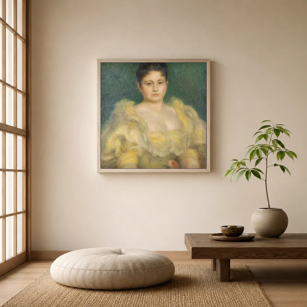Framed print of Mrs. Stephen Pichon hanging on a wall in a furnished room