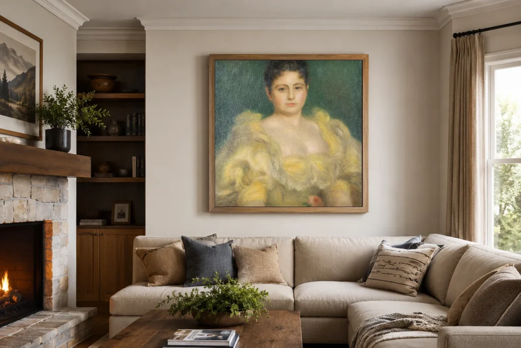 Framed print of Mrs. Stephen Pichon hanging on a wall in a furnished room