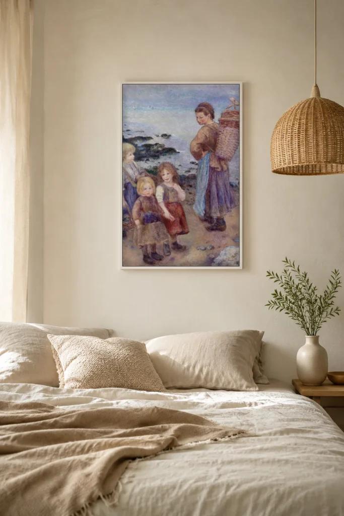 Framed print of Mussel-Fishers at Berneval (Pêcheuses de moules à Berneval, côte normand) hanging on a wall in a furnished room