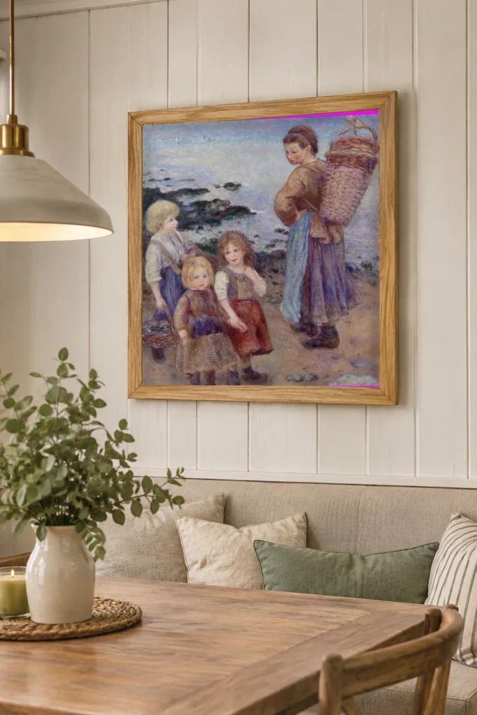 Framed print of Mussel-Fishers at Berneval (Pêcheuses de moules à Berneval, côte normand) hanging on a wall in a furnished room