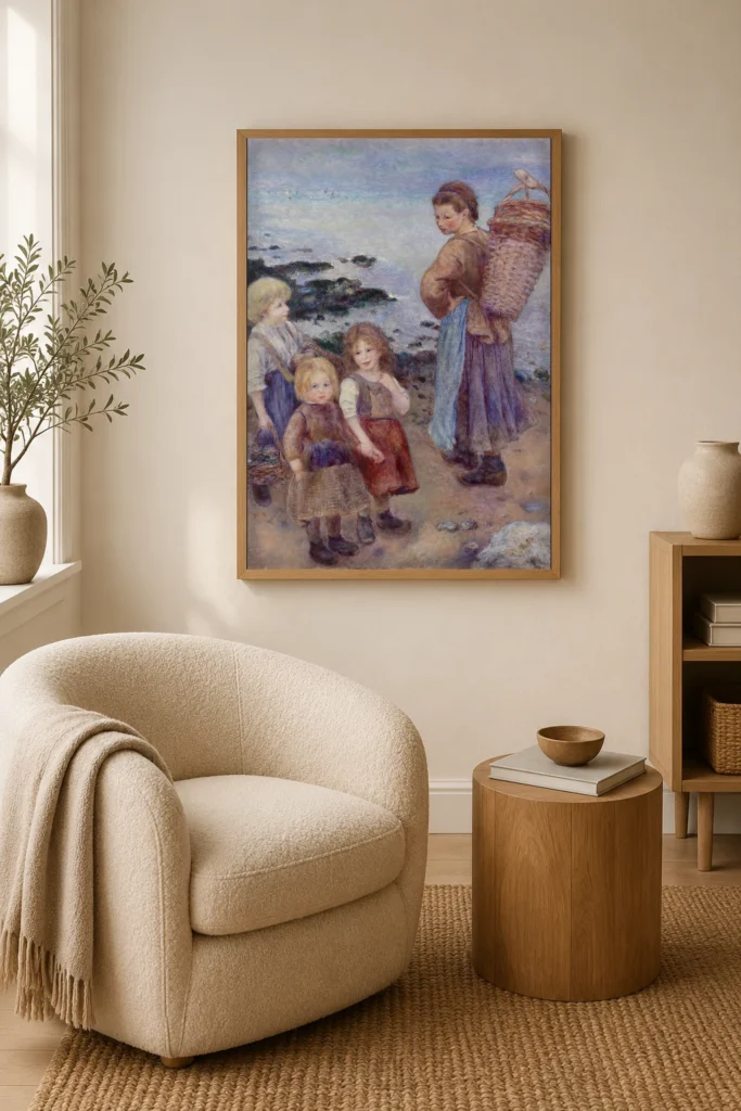 Framed print of Mussel-Fishers at Berneval (Pêcheuses de moules à Berneval, côte normand) hanging on a wall in a furnished room