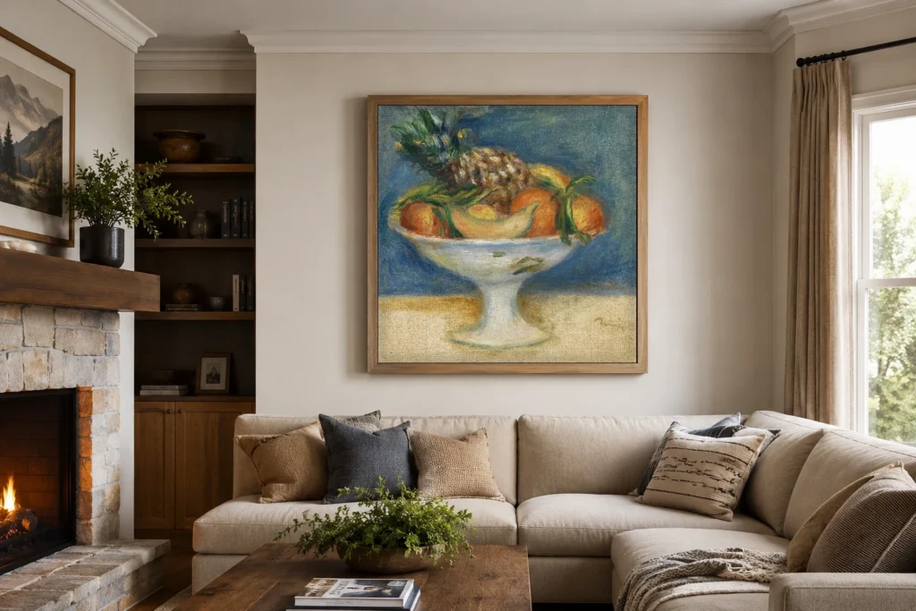Framed print of Still Life with Compote hanging on a wall in a furnished room