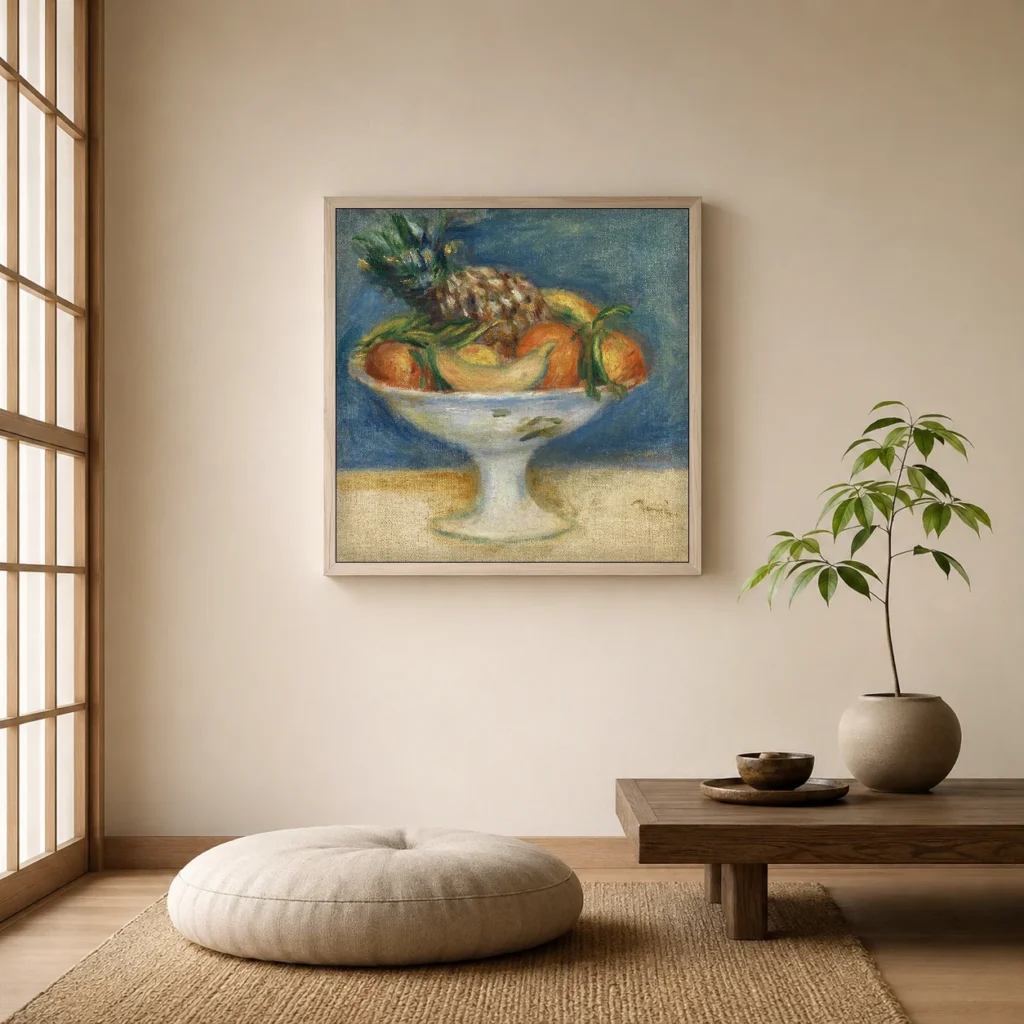 Framed print of Still Life with Compote hanging on a wall in a furnished room