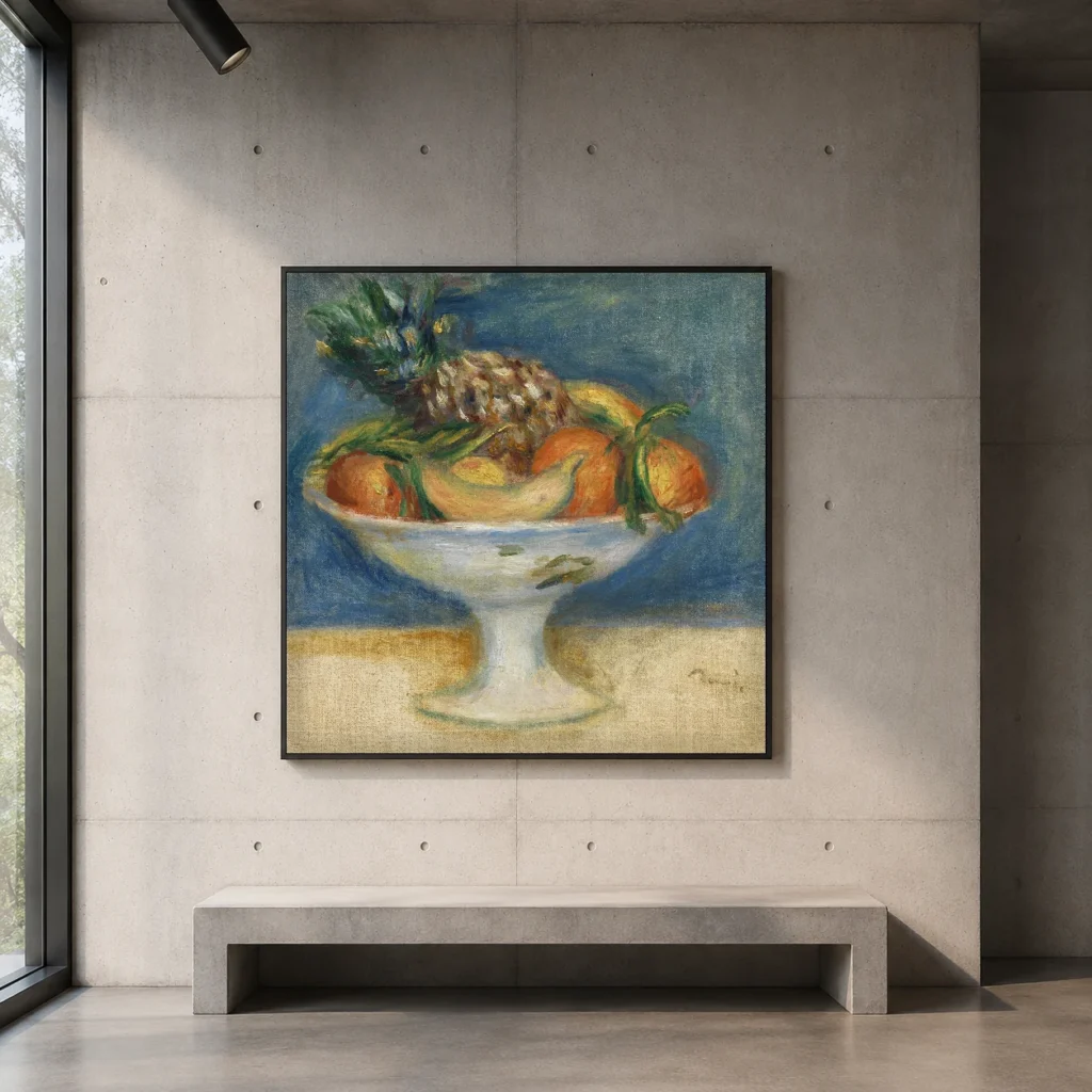 Framed print of Still Life with Compote hanging on a wall in a furnished room