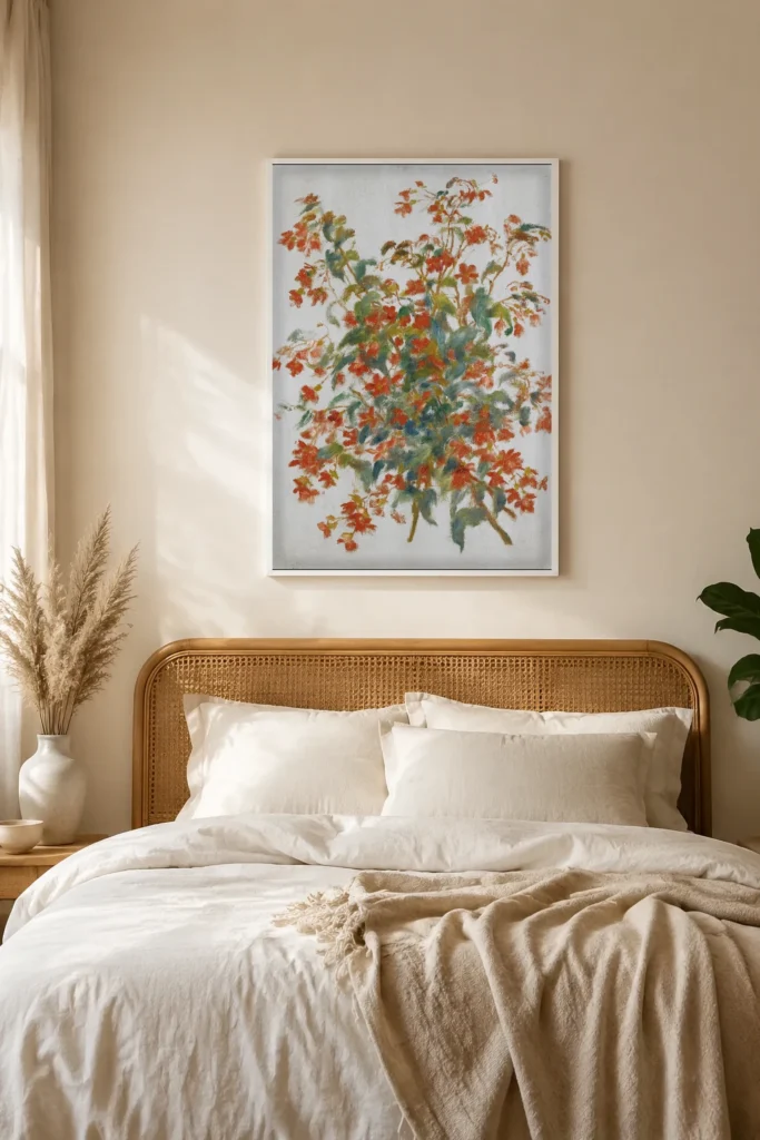 Framed print of Still Life with Fuchsias hanging on a wall in a furnished room