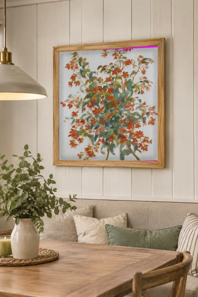 Framed print of Still Life with Fuchsias hanging on a wall in a furnished room
