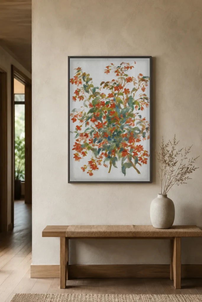 Framed print of Still Life with Fuchsias hanging on a wall in a furnished room