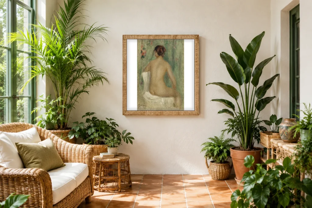 Framed print of Seated Nude, Seen from Behind hanging on a wall in a furnished room