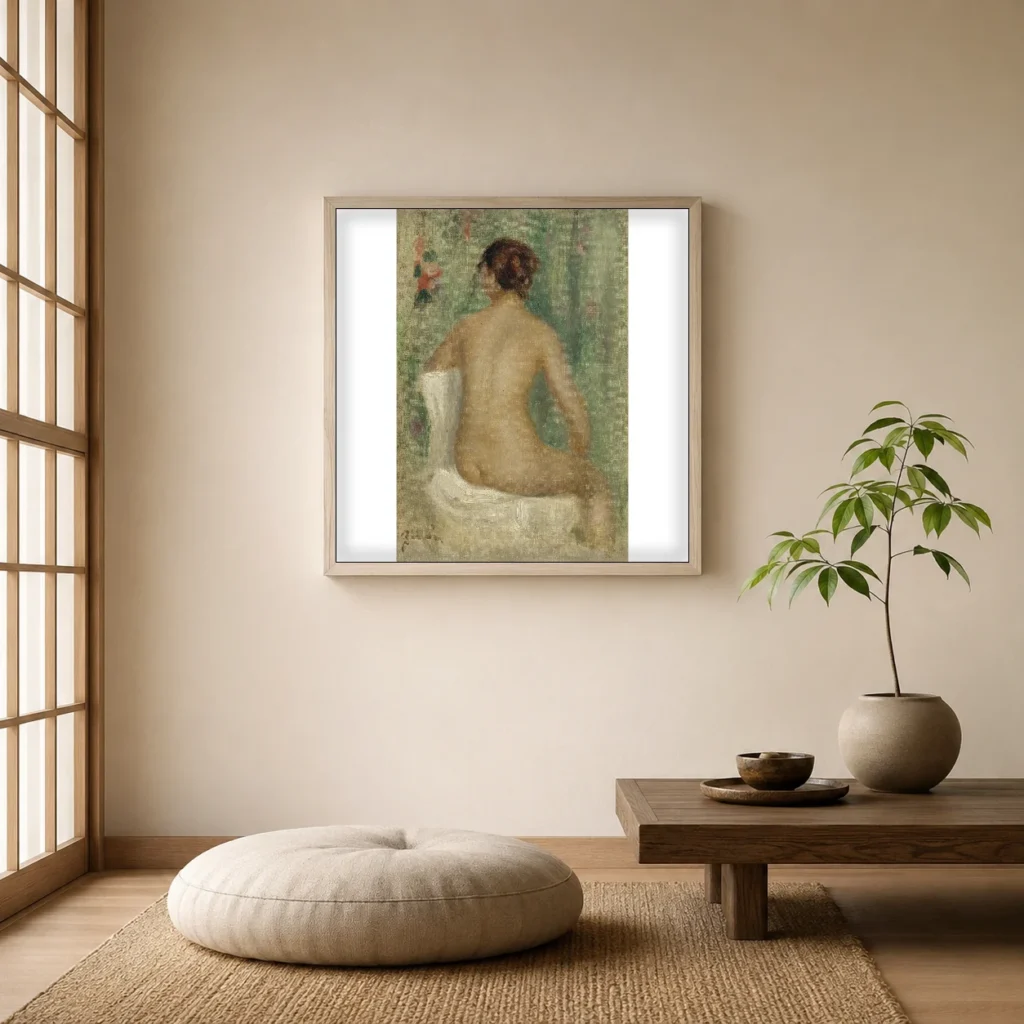 Framed print of Seated Nude, Seen from Behind hanging on a wall in a furnished room