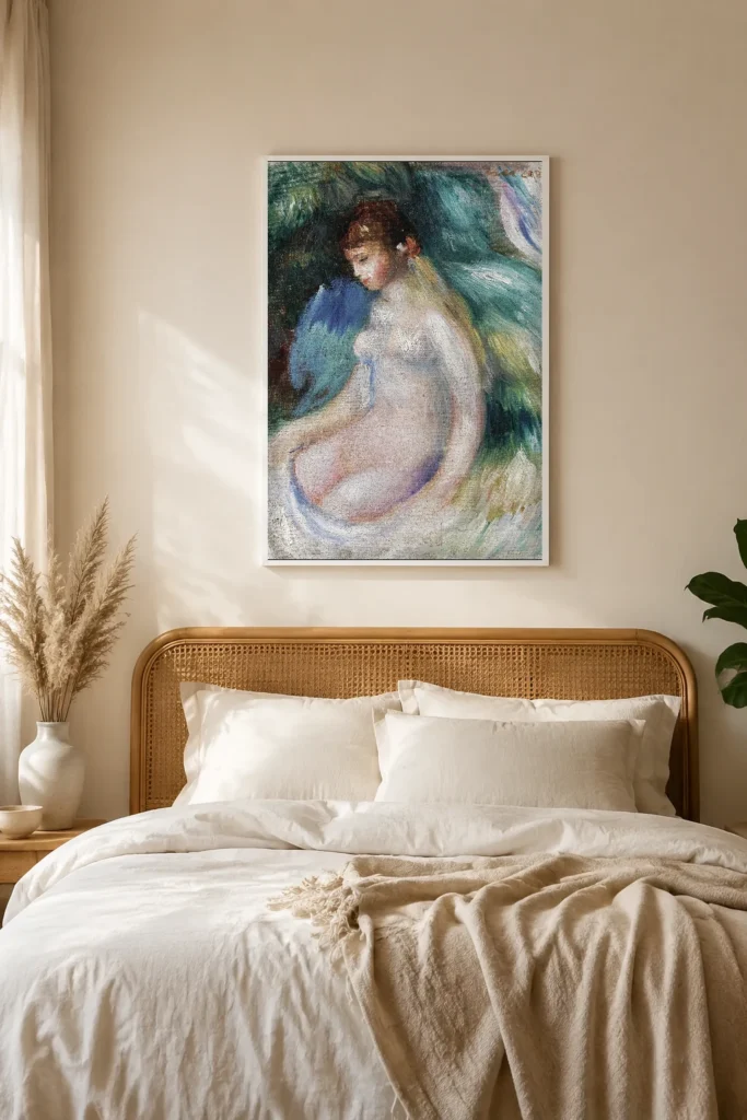 Framed print of Seated Nude, Sketch hanging on a wall in a furnished room
