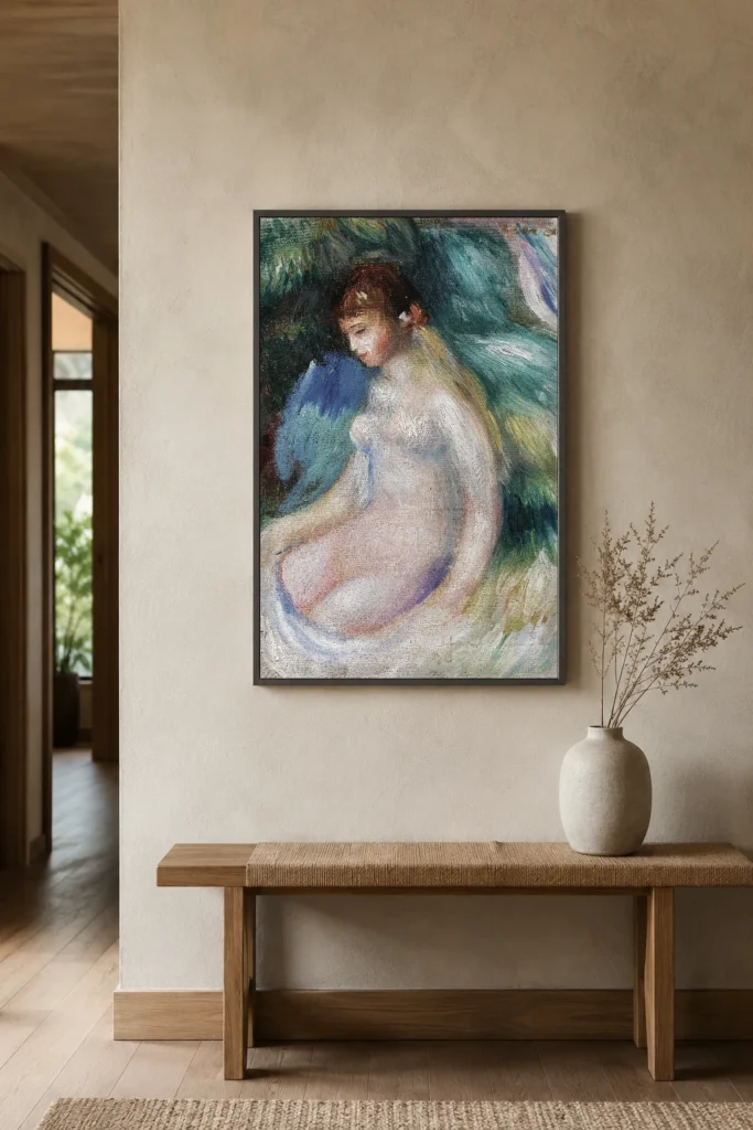 Framed print of Seated Nude, Sketch hanging on a wall in a furnished room