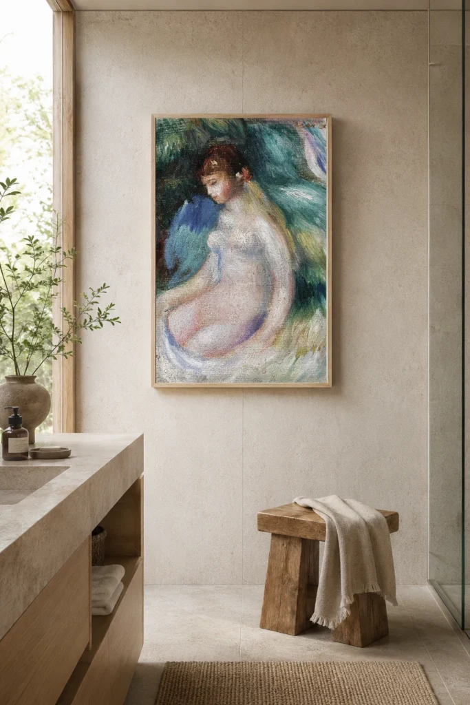 Framed print of Seated Nude, Sketch hanging on a wall in a furnished room