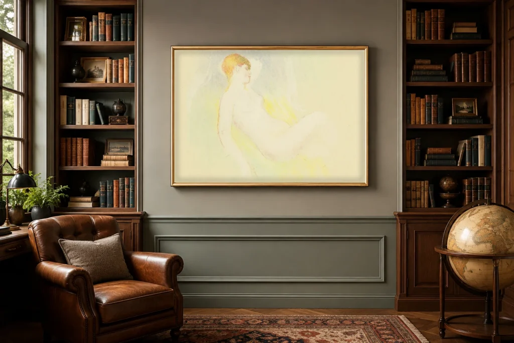 Framed print of Sleeping Nude with Raised Arm hanging on a wall in a furnished room