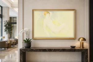 Framed print of Sleeping Nude with Raised Arm hanging on a wall in a furnished room