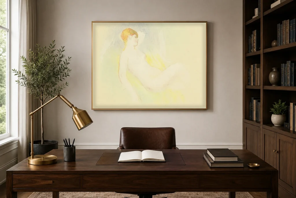 Framed print of Sleeping Nude with Raised Arm hanging on a wall in a furnished room