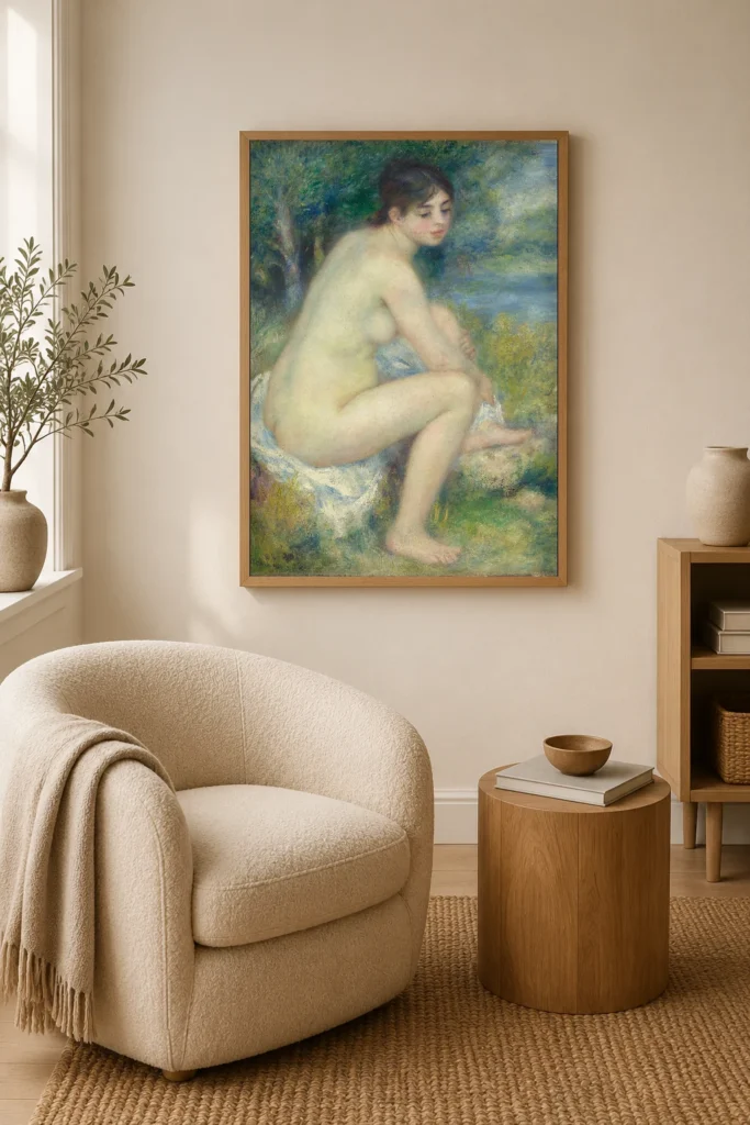 Framed print of Naked Woman in a Landscape hanging on a wall in a furnished room