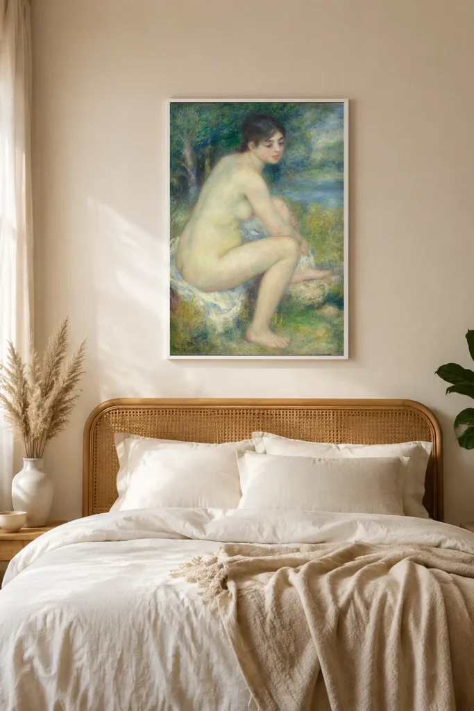 Framed print of Naked Woman in a Landscape hanging on a wall in a furnished room