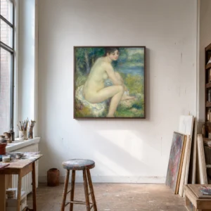 Framed print of Naked Woman in a Landscape hanging on a wall in a furnished room