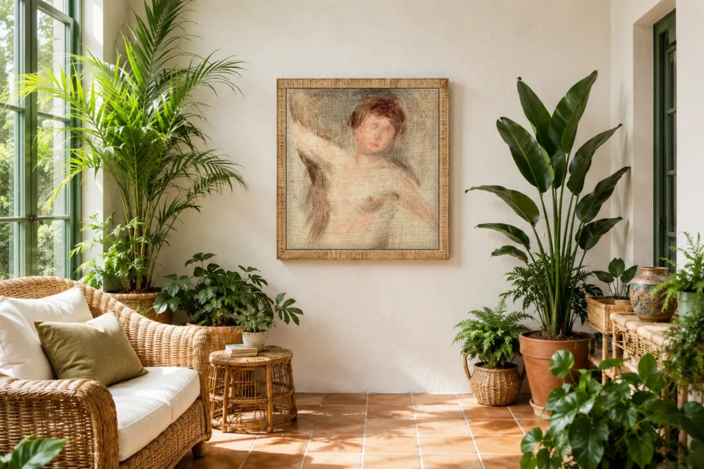 Framed print of Naked woman in bust hanging on a wall in a furnished room