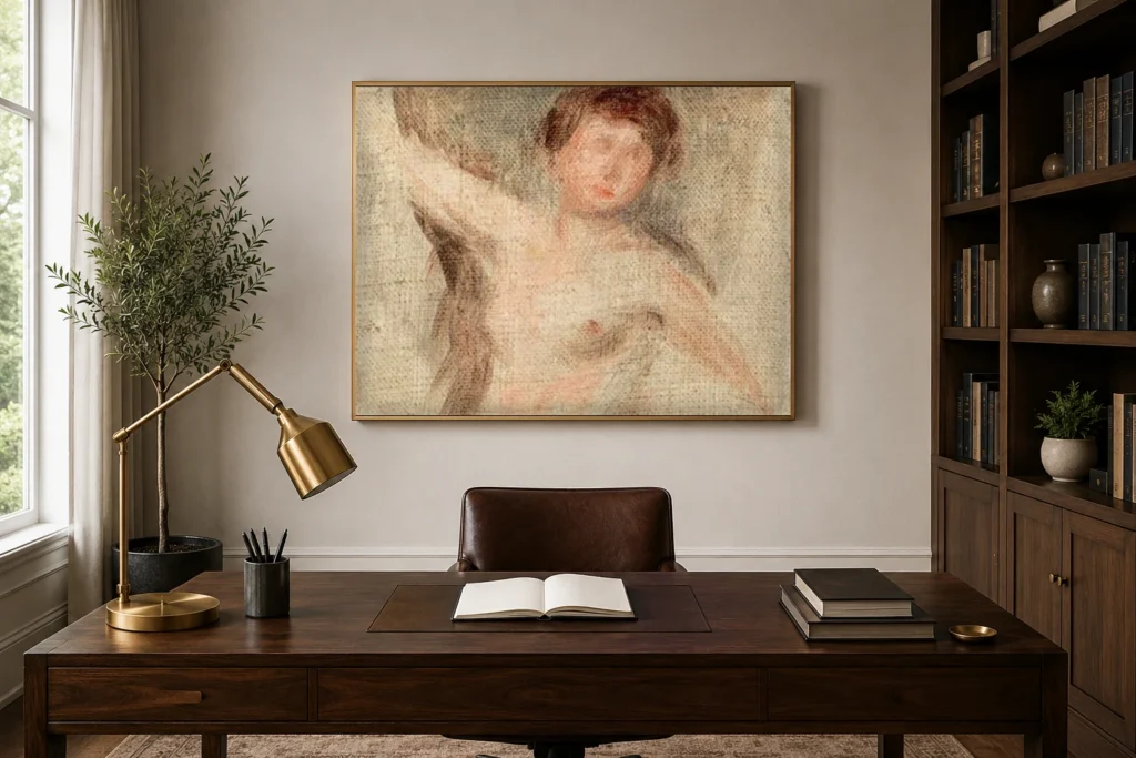 Framed print of Naked woman in bust hanging on a wall in a furnished room