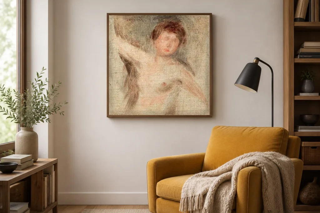 Framed print of Naked woman in bust hanging on a wall in a furnished room