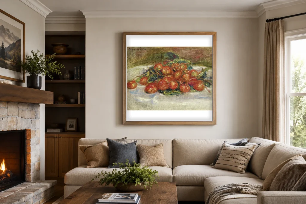 Framed print of Still Life with Strawberries hanging on a wall in a furnished room