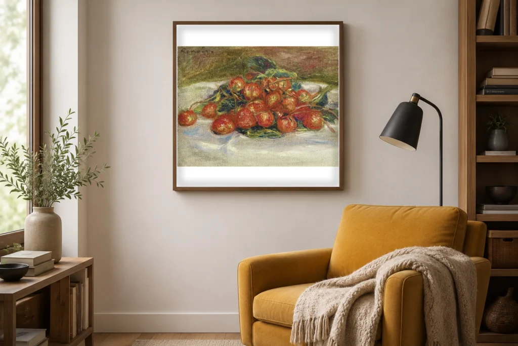 Framed print of Still Life with Strawberries hanging on a wall in a furnished room
