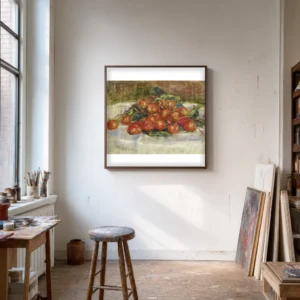 Framed print of Still Life with Strawberries hanging on a wall in a furnished room