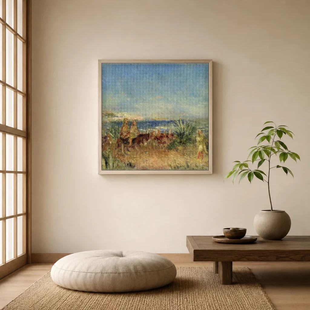 Framed print of Arabs on Donkeys hanging on a wall in a furnished room