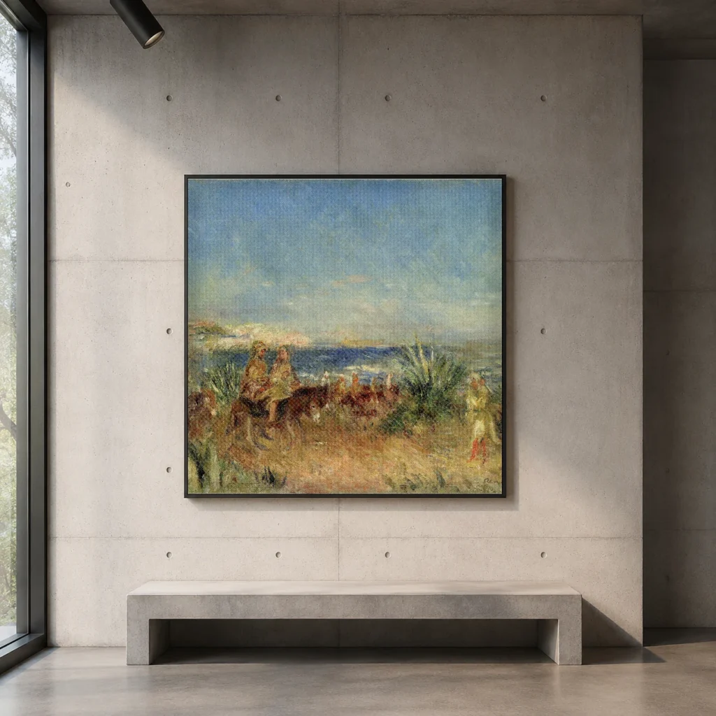 Framed print of Arabs on Donkeys hanging on a wall in a furnished room