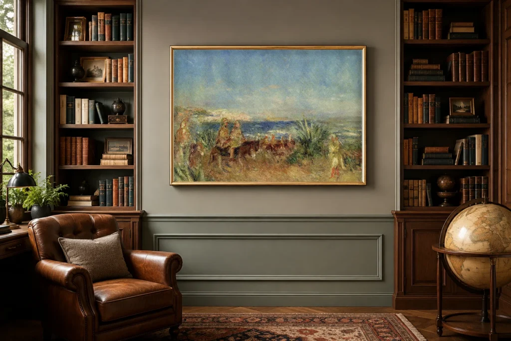 Framed print of Arabs on Donkeys hanging on a wall in a furnished room