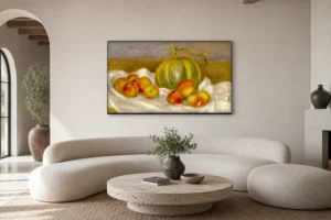 Framed print of Still Life with Melon and Peaches hanging on a wall in a furnished room
