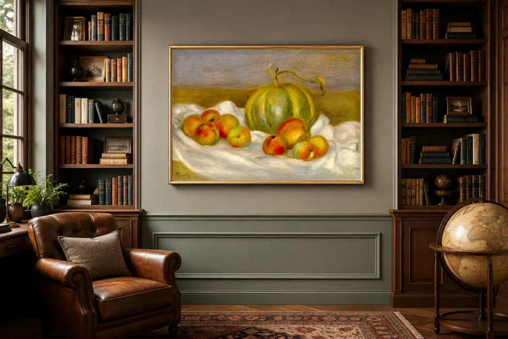 Framed print of Still Life with Melon and Peaches hanging on a wall in a furnished room