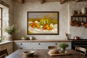 Framed print of Still Life with Melon and Peaches hanging on a wall in a furnished room