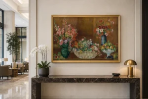 Framed print of Still Life with Vase of Gladioli and Basket of Flowers hanging on a wall in a furnished room
