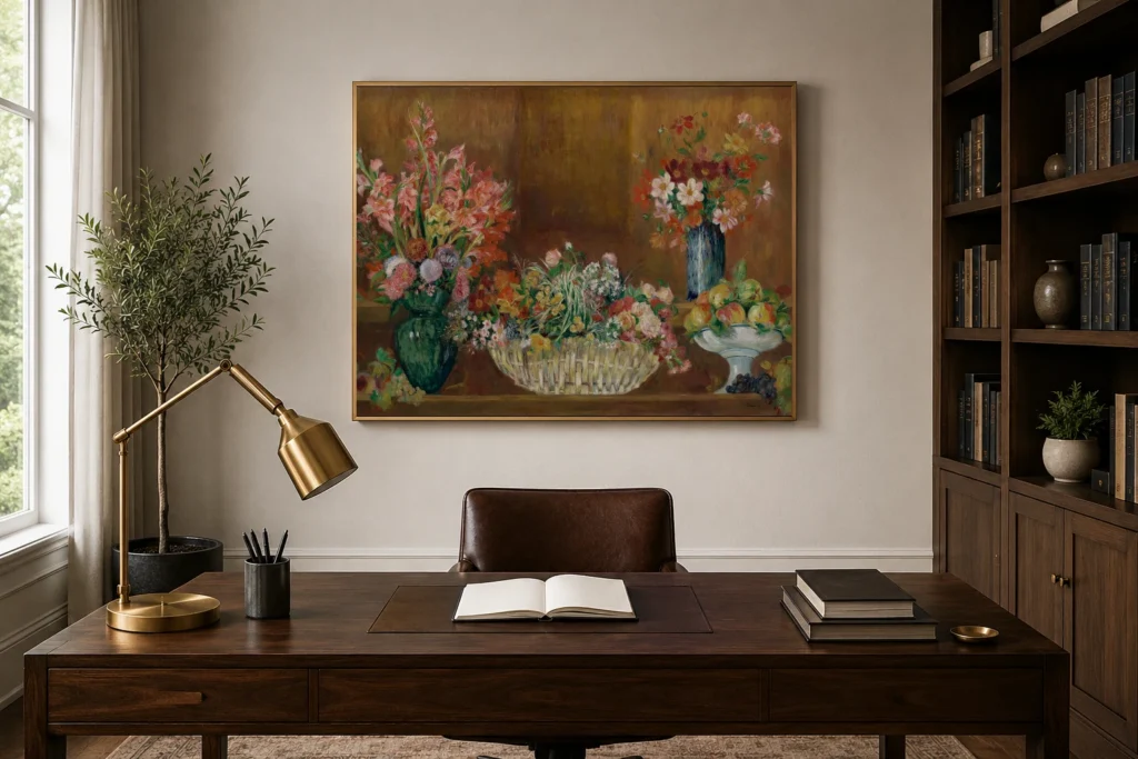 Framed print of Still Life with Vase of Gladioli and Basket of Flowers hanging on a wall in a furnished room