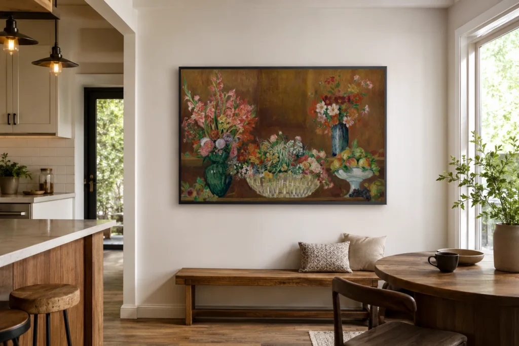 Framed print of Still Life with Vase of Gladioli and Basket of Flowers hanging on a wall in a furnished room