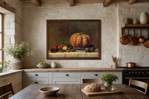 Framed print of Still Life with Fruit hanging on a wall in a furnished room