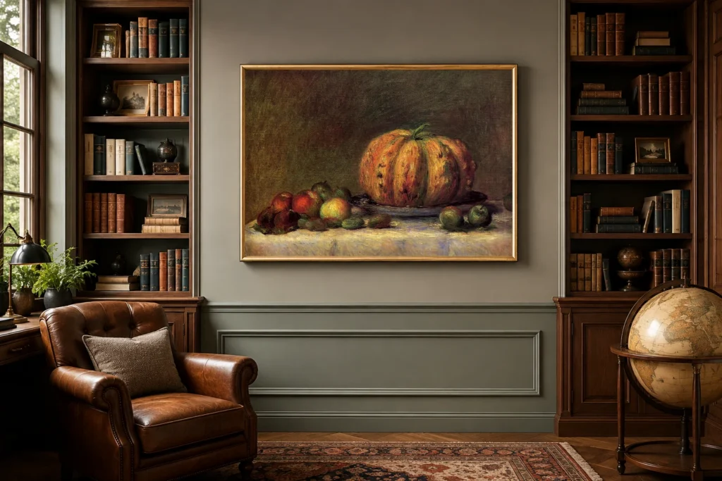 Framed print of Still Life with Fruit hanging on a wall in a furnished room