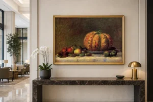 Framed print of Still Life with Fruit hanging on a wall in a furnished room