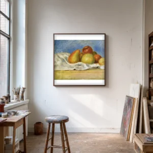 Framed print of Still Life with Apples and Pears hanging on a wall in a furnished room
