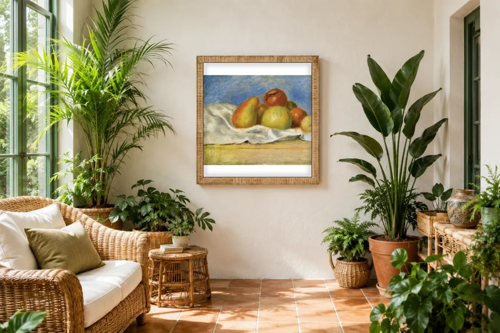 Framed print of Still Life with Apples and Pears hanging on a wall in a furnished room