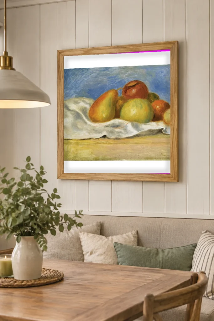 Framed print of Still Life with Apples and Pears hanging on a wall in a furnished room