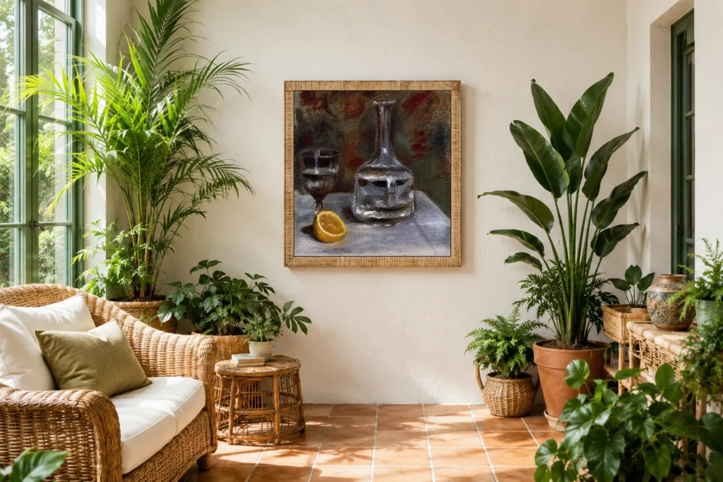 Framed print of Still Life with Carafe hanging on a wall in a furnished room