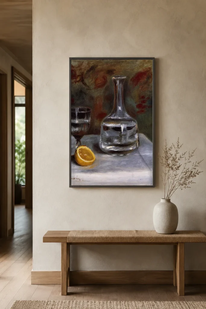 Framed print of Still Life with Carafe hanging on a wall in a furnished room