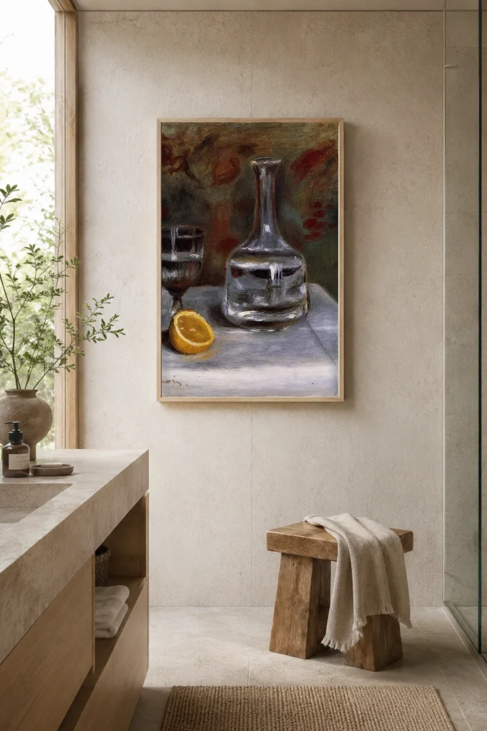Framed print of Still Life with Carafe hanging on a wall in a furnished room