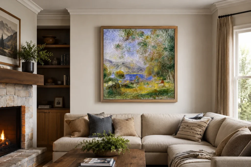 Framed print of Near Cagnes hanging on a wall in a furnished room