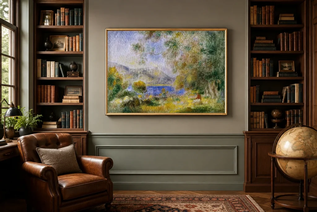 Framed print of Near Cagnes hanging on a wall in a furnished room