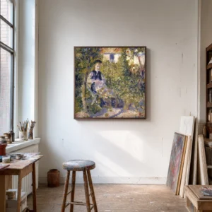 Framed print of Nini in the Garden (Nini Lopez) hanging on a wall in a furnished room