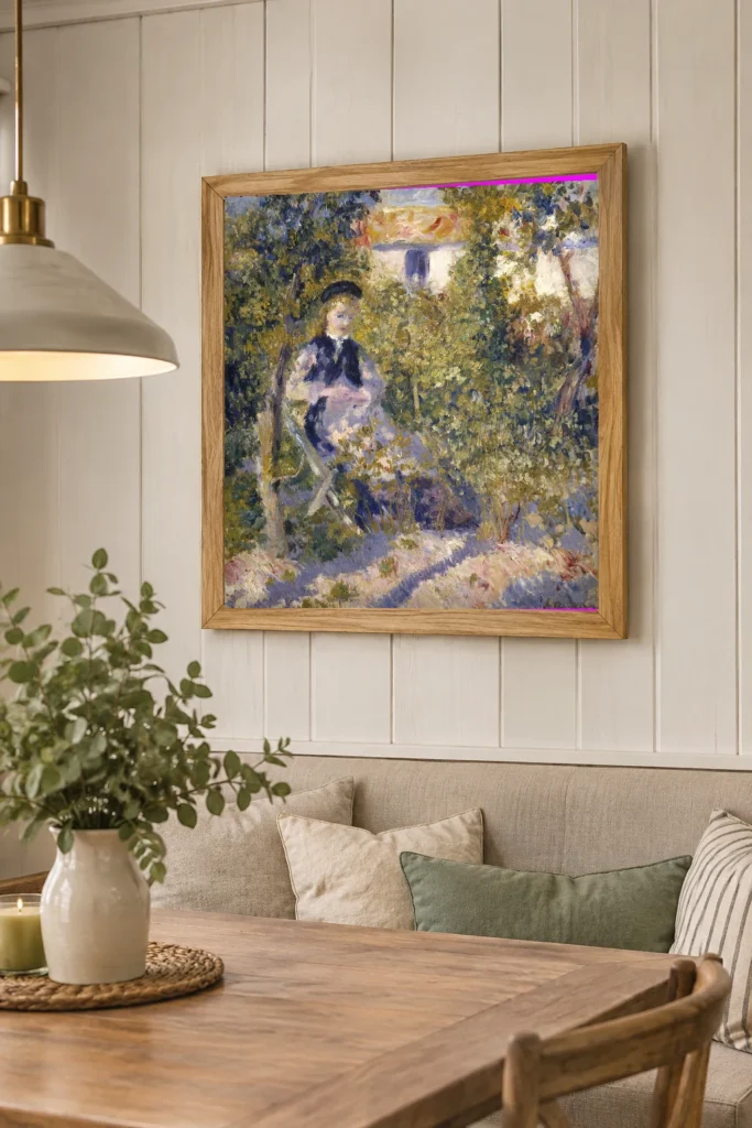 Framed print of Nini in the Garden (Nini Lopez) hanging on a wall in a furnished room